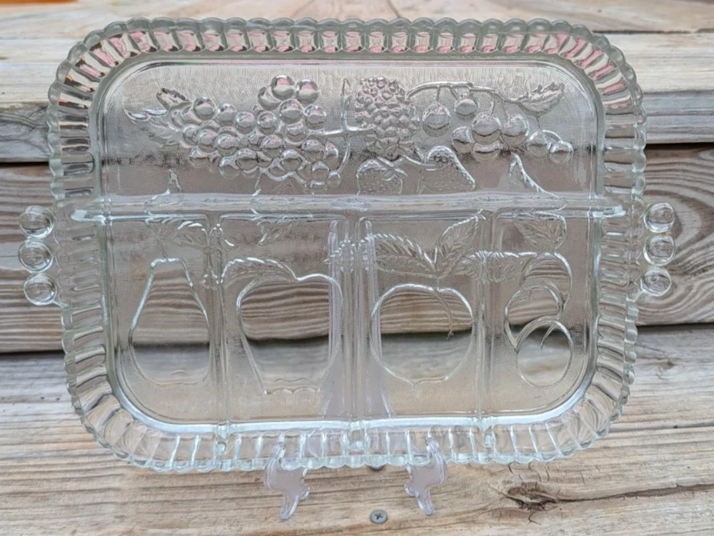 Indiana Glass Clear Divided Serving Relish Tray Fruit Pattern Handles 9